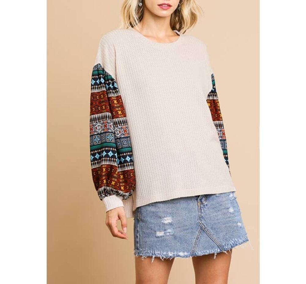Umgee Cream Oversized Waffle Knit Top Print Long Puff Sleeve Blouse Size M
